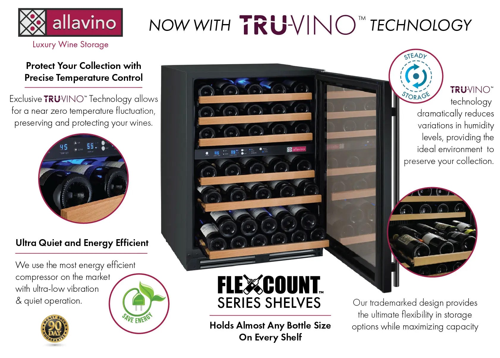 Allavino FlexCount II 56-Bottle Dual Zone Built-In Wine Refrigerator Black Door · Right-Hinged