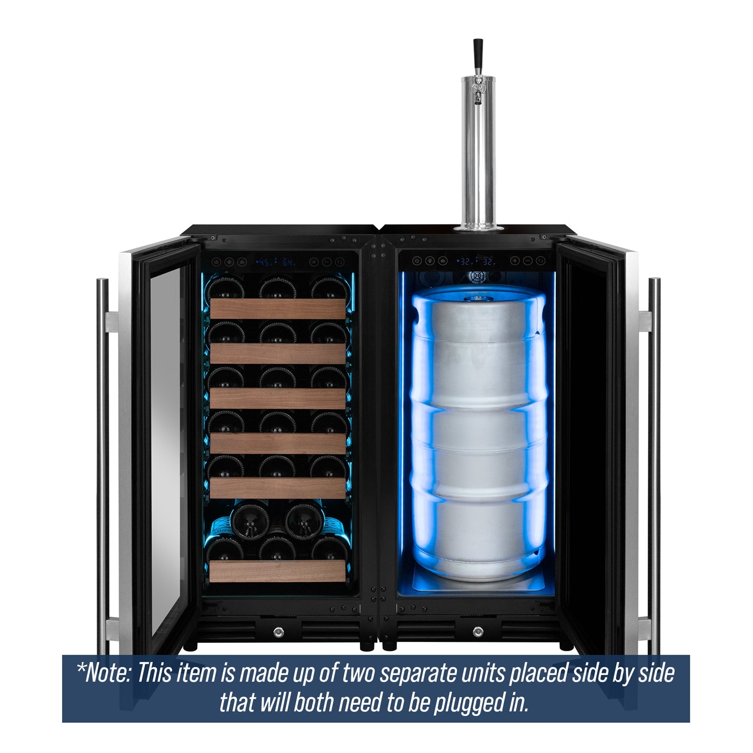 30" Side-by-Side Single Zone Wine Refrigerator and Single Tap Kegerator