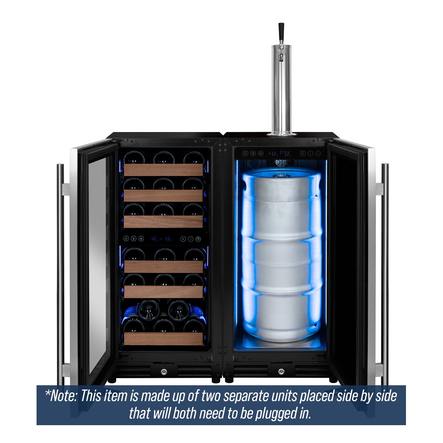 30" Wide Side-by-Side Dual Zone Wine Refrigerator and Single Tap Kegerator
