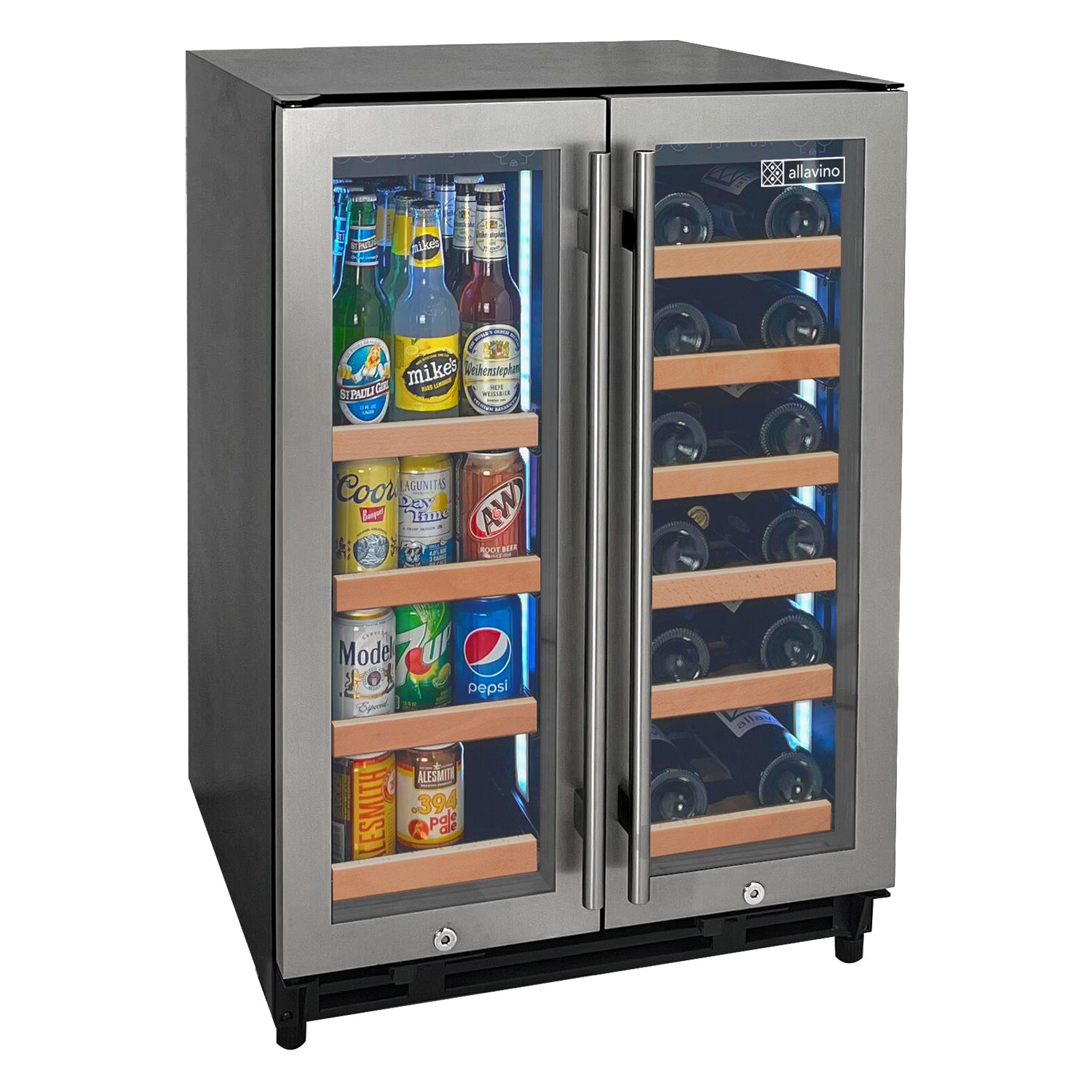 Allavino Reserva Series 24″ Wide Two Door Stainless Steel Wine Refrigerator / Beverage Center with Wood Front Shelves